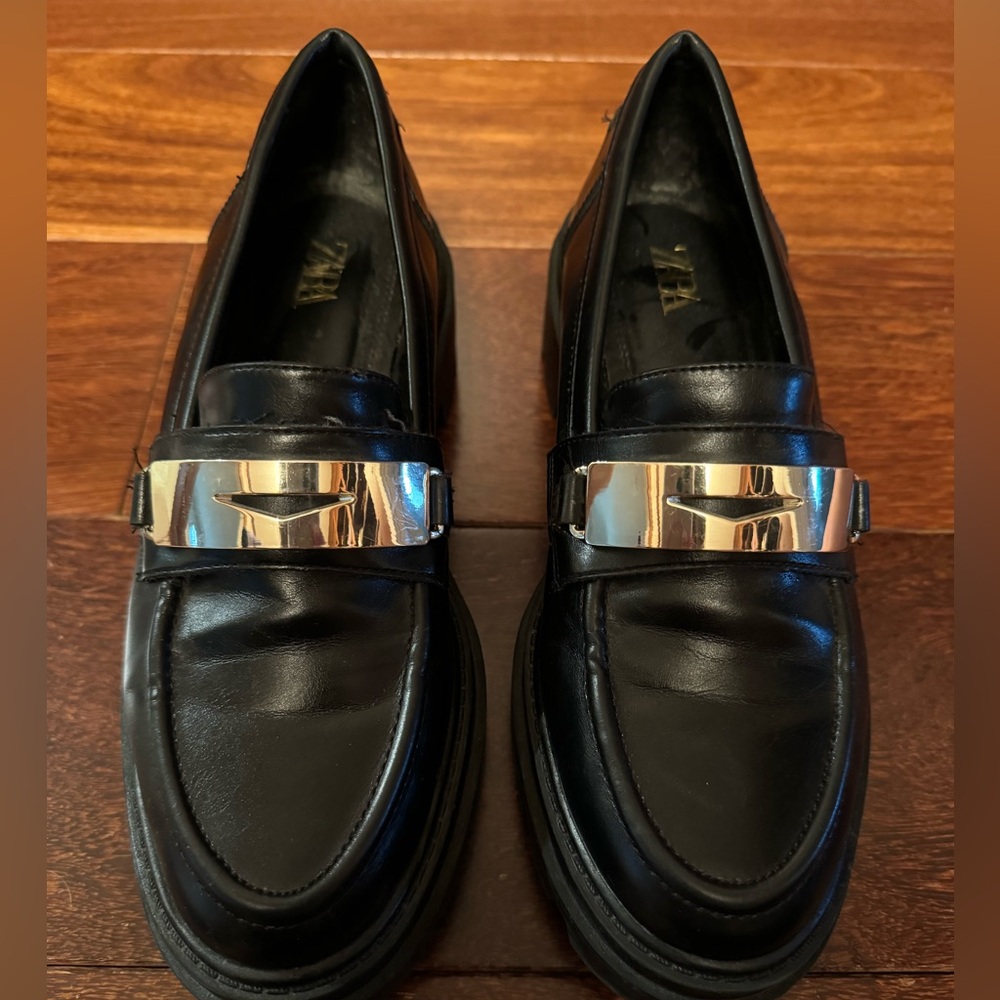 Zara Black Leather Loafers with Silver Hardware